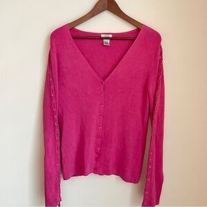 Cache Hot Pink V-Neck Button Cardigan Sweater Size Large Eyelet Sleeves Y2K Glam